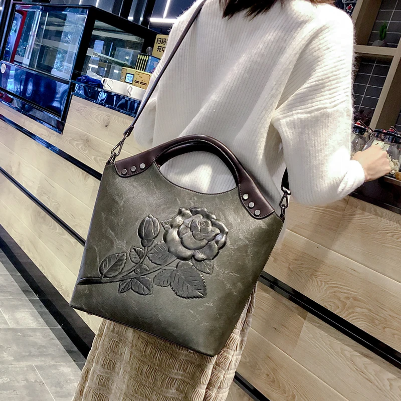  Brand Women Handbag Rose Print Lady Tote High Quality Leather Large Capacity Ladies Shoulder Bag Lu - 33010877723