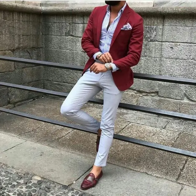 $US $108.99 Burgundy Mens Suits with Pants Groom Wedding Tuxedos Groomsmen Blazers Jacket Slim Fit Terno Masculino 2Piece Costume Homme