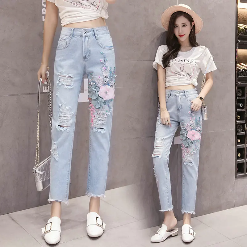 Bleached Jeans Women Fashion Embroidery Flower Beaded Holes Jeans