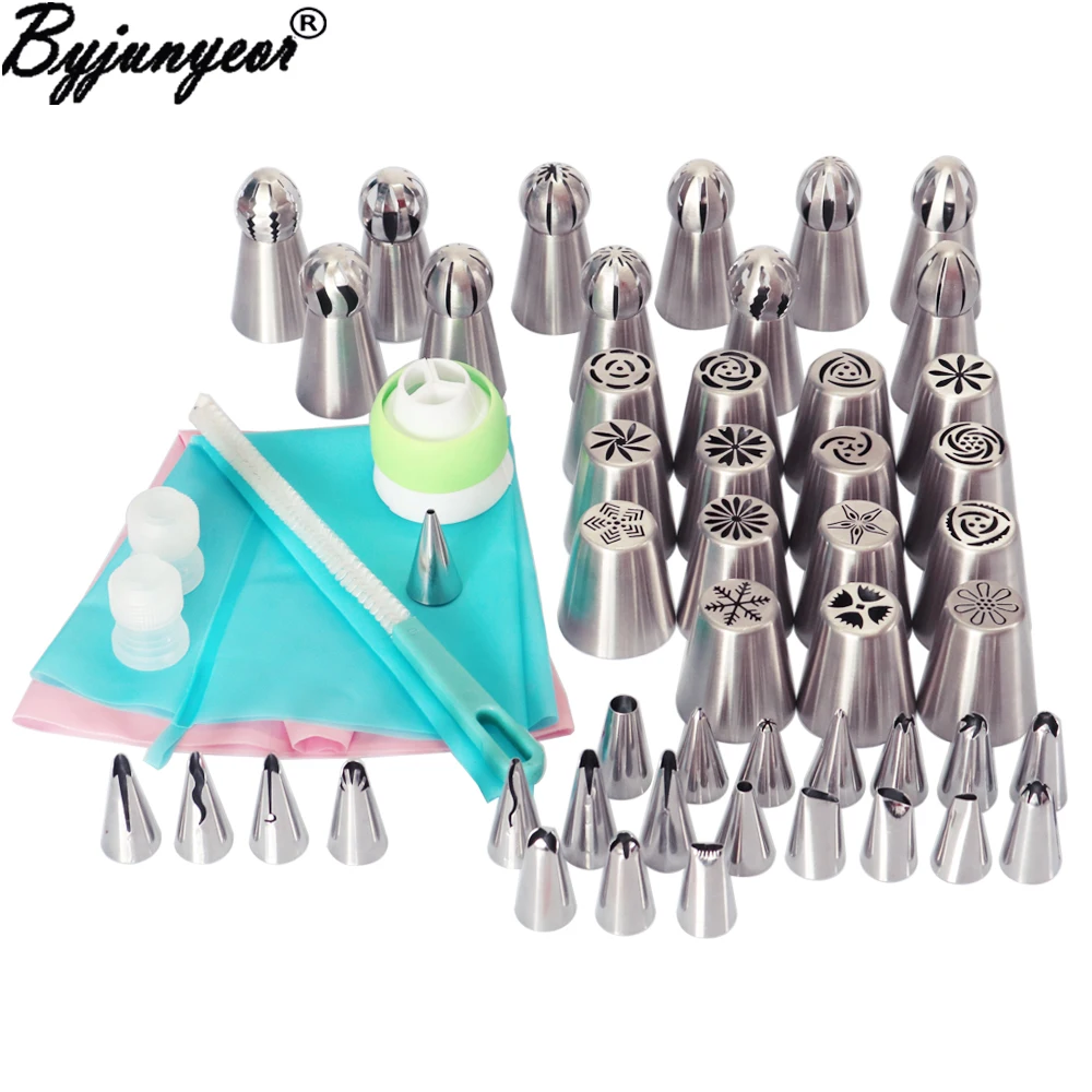 

56pcs Russian Nozzles Silicone Bag Three-Color Coupler Icing Piping Tips Rose Flower Leaf Cupcake Cake Decorating CS112
