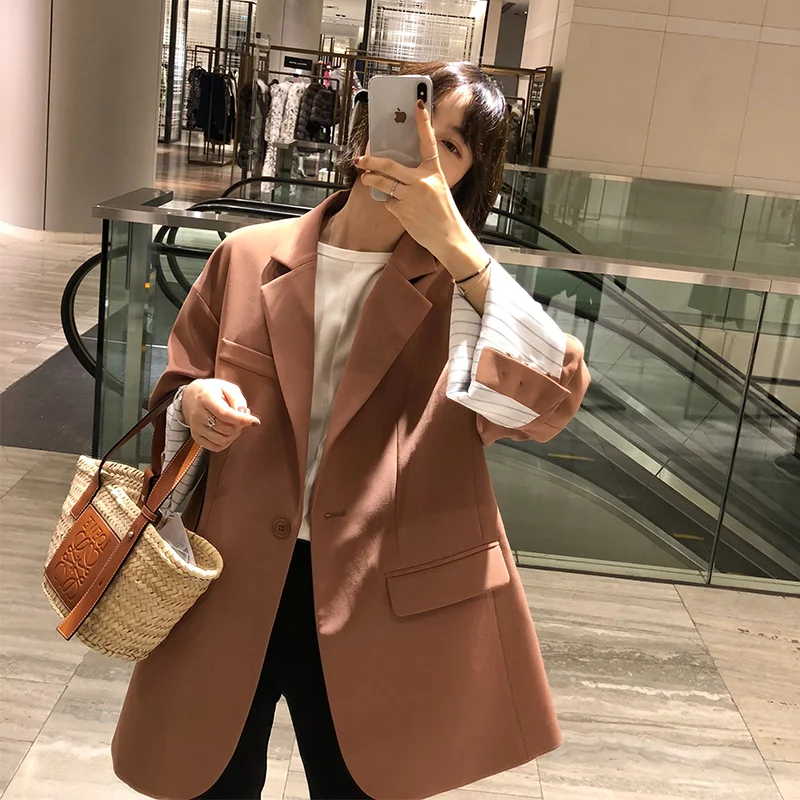 Femme Style 2018 Nouveau Costume brown Manches Khaki Printemps Manteau Un Grand Grain Petit Casual Boucle qq7awxg
