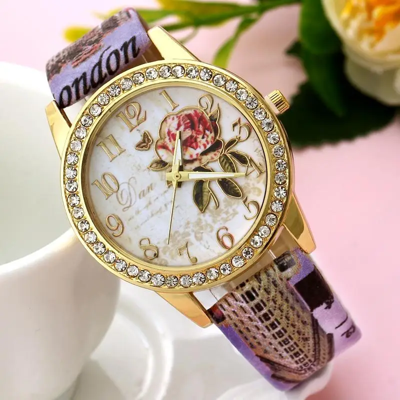 Reloj mujer, женские часы с розами, с узором, с циферблатом, женские наручные часы, кожаный ремешок с граффити, женские часы, relogio feminino