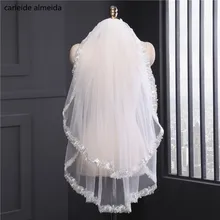 1,5 м Длина свадебная вуаль кружевная аппликация вуаль de Mariee Швейцарский Тюль недорогая Фата для невесты два слоя Schleier аксессуары Mujer