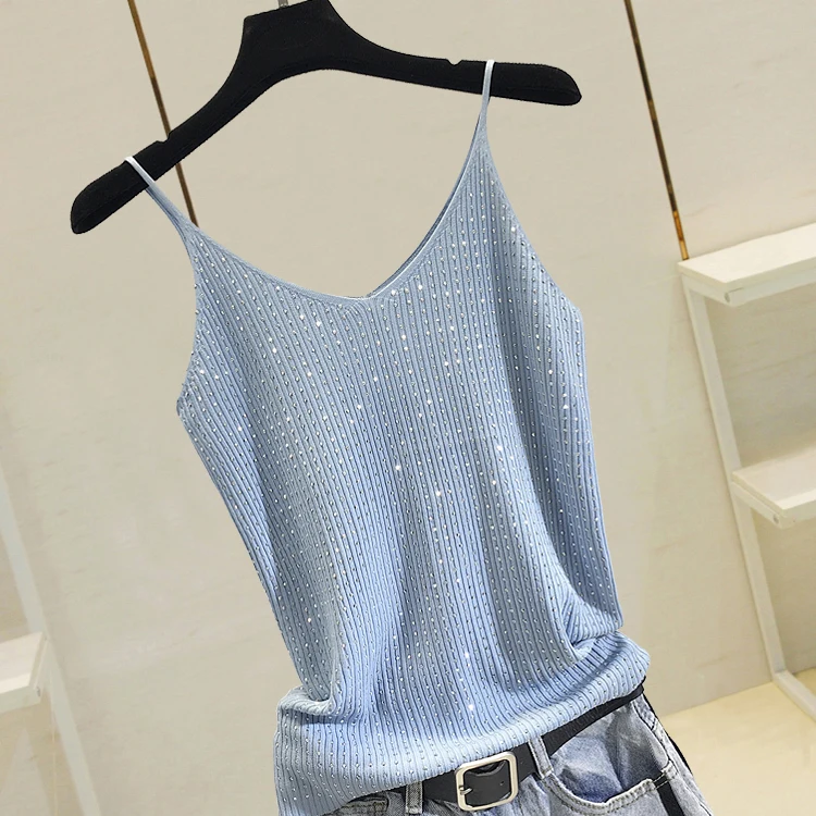 Summer wear sweater, sleeveless sexy base v neck ice silk hot drilling camisole