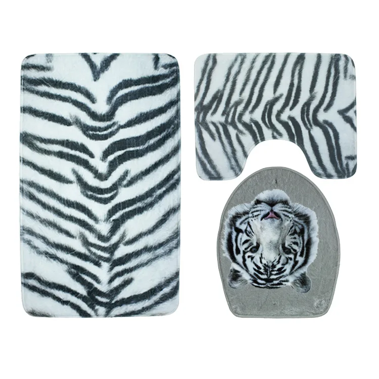 

3pcs Bath Mat Set Black and White Tiger Pattern Anti Slip Bathroom Toilet Mat and Floor Mat Sets