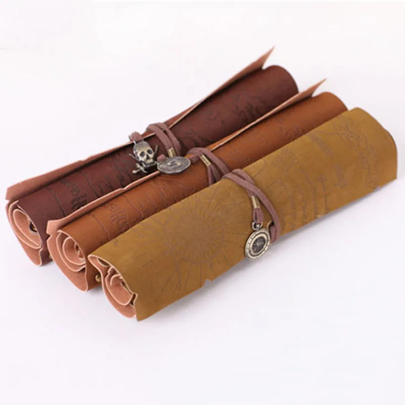 1pc Vintage Pirate Roll Up PU Leather Pen Pencil Case Bags Treasure Map Gift Favor Make up Cosmetic Bag