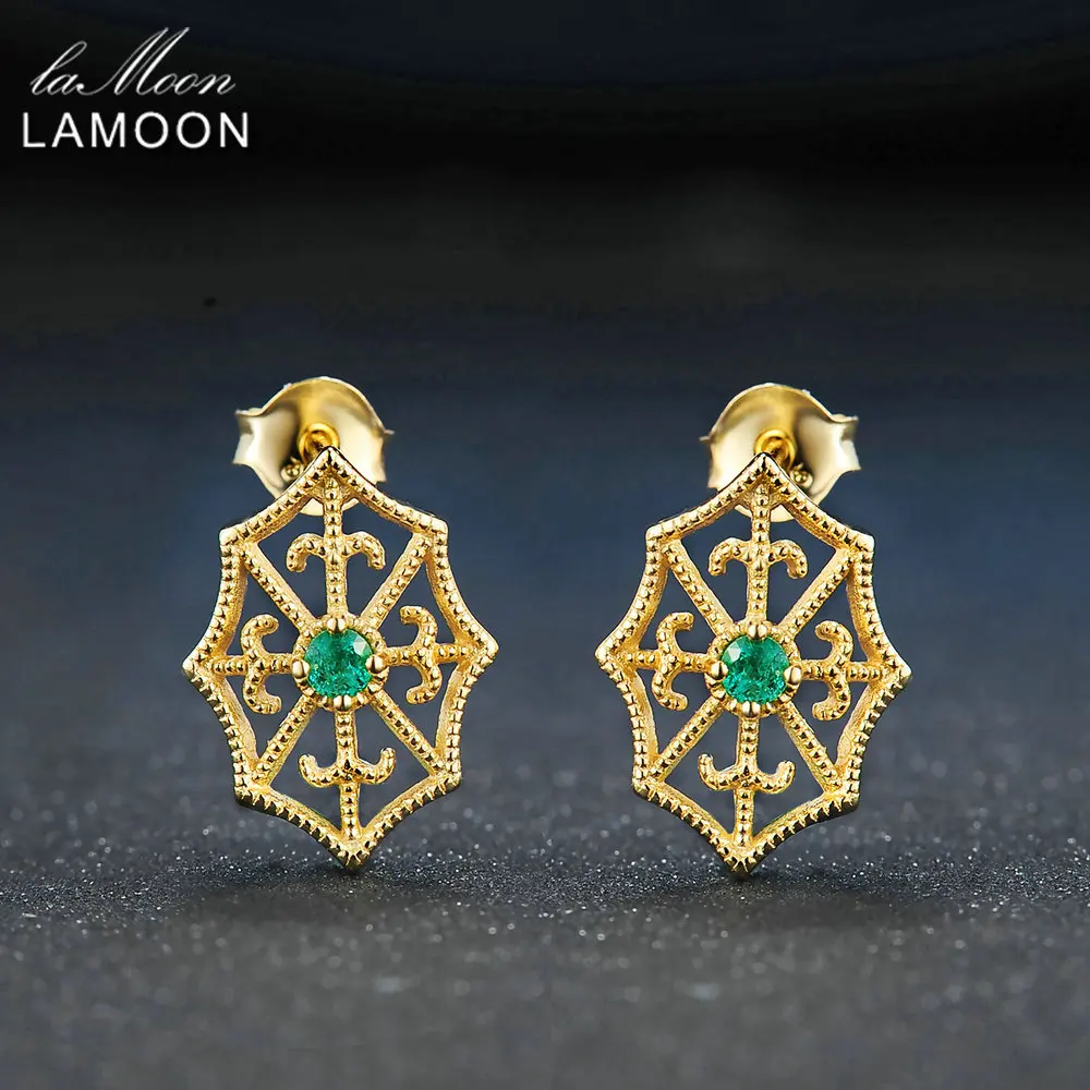 LAMOON Spider Web 2.5mm Round Cut Green Emerald 925 sterling-silver-jewelry Stud Earring S925 LMEI052