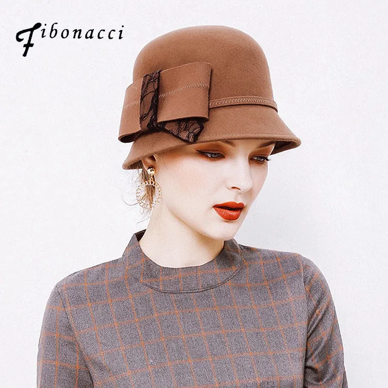 

Fibonacci 2017 New Female Autumn Winter Lace Big Bow Short Brim Dome Bucket Women Fedora Hats Wool Felt Hat