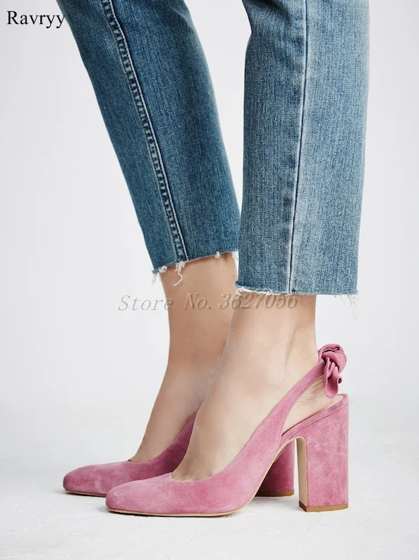 

Ravryy New Hot Women's Casual Square Heel Pink Black Bowknot Flock Round Toe Shallow Pumps
