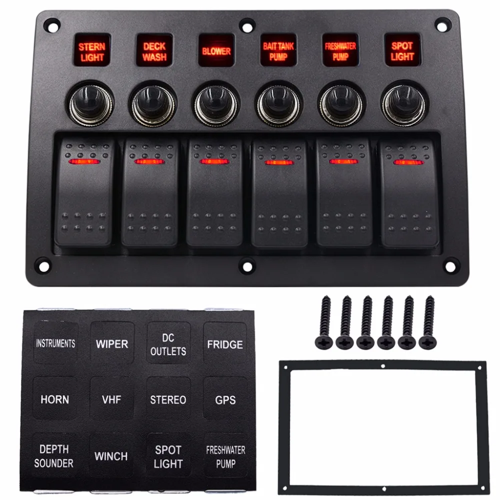 

OOTDTY 6 Gang Red LED Waterproof Rocker Panel Switch w/Lens For Marine Boat 12-24V