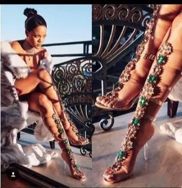 

Luxurious lady diamond flower rhinestones high heel transparent summer sandal boots large size custom make