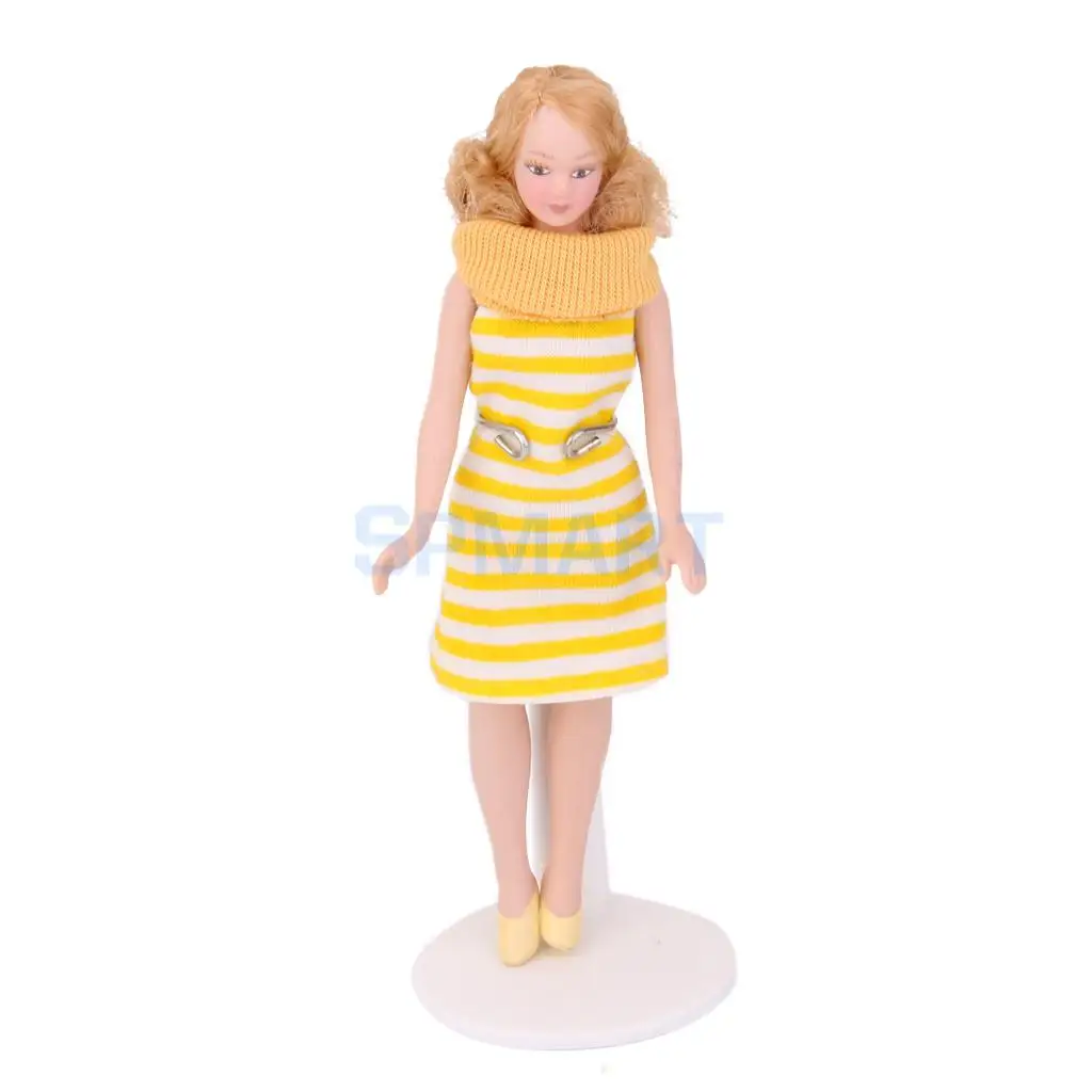 Dollhouse Miniature Porcelain Doll Lady in Striped Dress | Игрушки и хобби