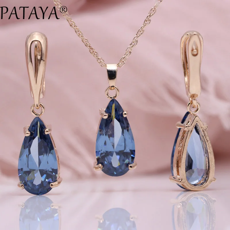 PATAYA New Blue Water Drop Earrings Pendants Necklaces Sets 585 Rose Gold Natural Zircon For Women Fashion Wedding Jewelry Set - Окраска металла: Gradient