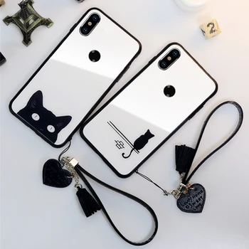 

BONVAN Tempered Glass Case For xiaomi mi 9 se mi 8 mi8 lite Cat Cover For xiaomi mi 8 se mi9 Heart Tassel lanyard phone Cases