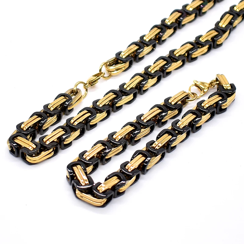 

AMUMIU 40-90cm Jewelry Set Two Tone Gold Black Color Trendy 8MM Byzantine Link Chain Necklace And Bracelet Set HTZ054