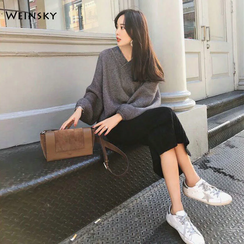 

Weinsky 2019 New Women's V-Neck Sweater And Pullover Dress Two-piece Office Lady Fashion Sweater