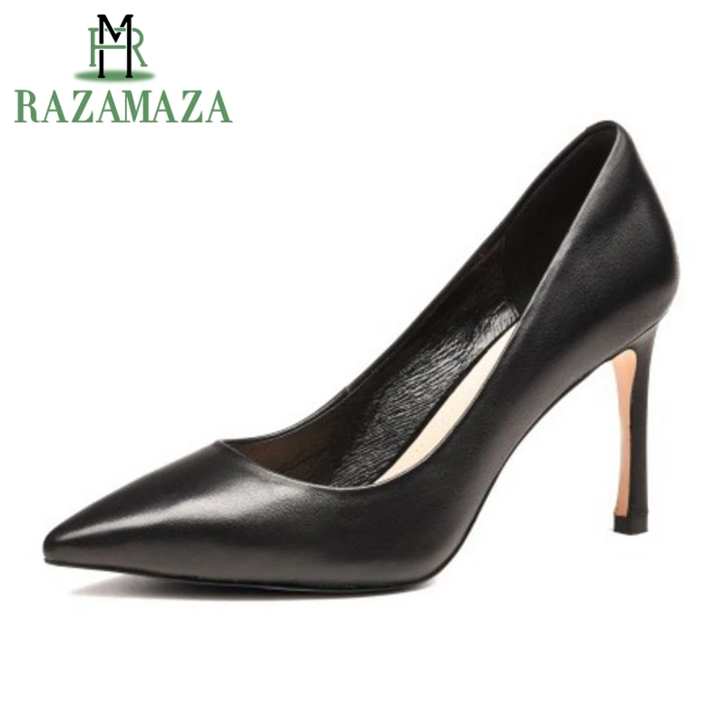 

RAZAMAZA Women Genuine Leather High Heel Shoes Women Pointed Toe Thin Heel Pumps Party Simple Shoes Women Footwears Size 34-39