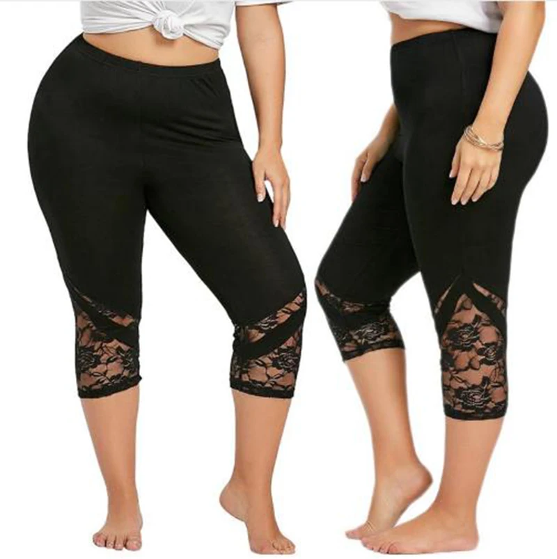 

Wipalo Women Lace Patchwork Skinny Leggings Sport High Elastic Waist Mid-Calf Summer Plus Size Leggings Pencil Pants 5XL