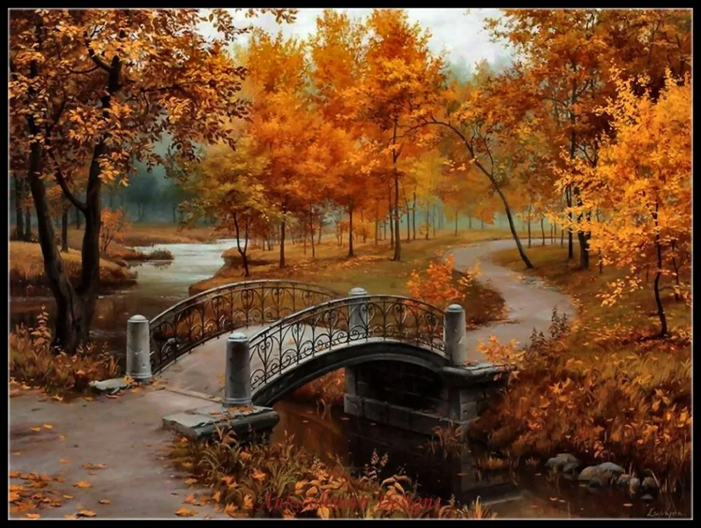 

Autumn Scenic Bridge - Counted Cross Stitch Kits - DIY Handmade Needlework For Embroidery 14 ct Cross Stitch Sets DMC Color