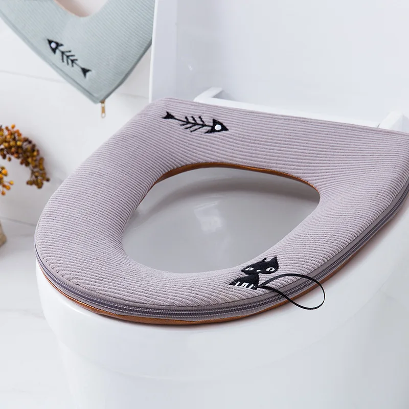 

Warm Soft Toilet Cover Seat Lid Pad Handle Zipper Type Cartoon Style Toilet Seat Cover Mat Bathroom Accessories Cotton Leather