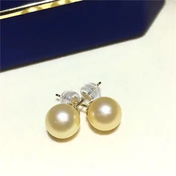 

AAA 8-9 mm natural round south sea gold pearl earrings 18 gold