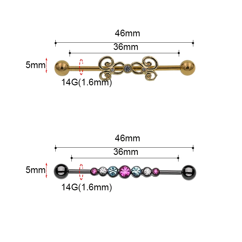 16G 1.6*36mm Colorful CZ Industrial Barbell Ear Cartilage Helix-Conch Piercing Bar Earring Stud Body Jewelry - Image 2
