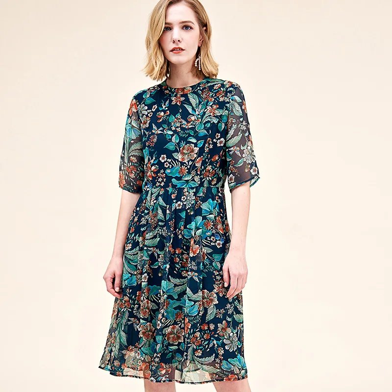 

Real Silk Women's Clothing 2019 Summer New High-end Printed Short-sleeved Silk Office Lady Elegant O-neck Dress