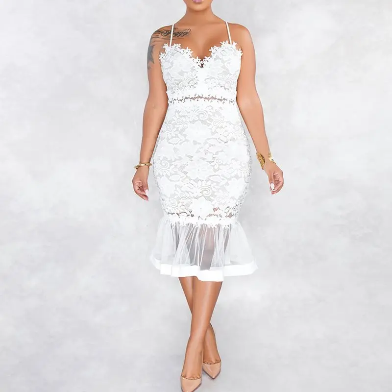 

Party Mermaid Lace Dress Women Backless Elegant Evening Floral Hollow Summer 2019 Mesh Fashion Ladies Sexy Strap Bodycon Dresses