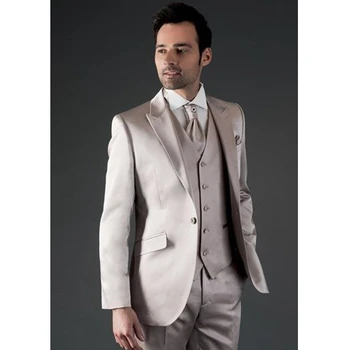 

Custom Made Champagne Satin Men Suits Slim Fit 3 Pieces Men Blazer Groom Tuxedos Prom/Party Suits (Jacket+Pant+Vest)