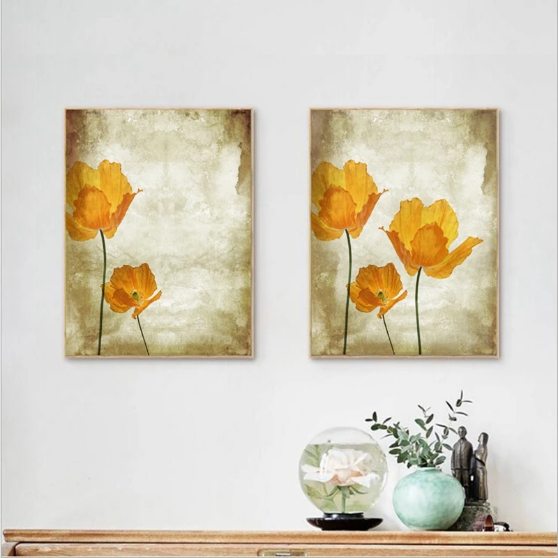 

Poppy Flowers Oil Painting Prints Retro Canvas Painting , Vintage Orange Flower Wall Pictures Home Decor