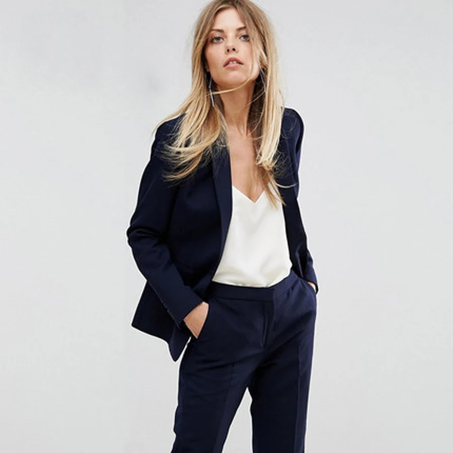 Dark Blue Cotton Blazer Women Slim Fit Office Wear Womens