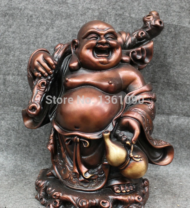 

xd 00969 11" Chinese Pure Bronze Gourd Standing Happy Maitreya Buddha Statue Money Bag