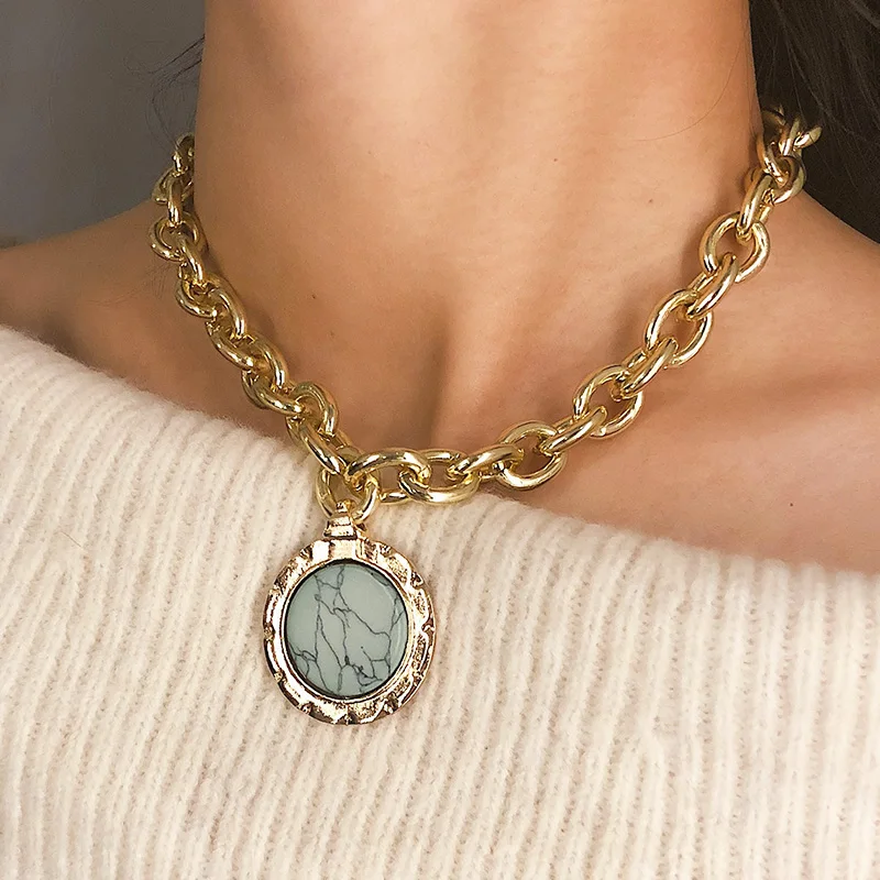 

Punk Vintage Heavy Metal Thick Chain Choker Round Raw Marble Pendant Necklace Women Geometric Sweater Necklace Jewelry YN469