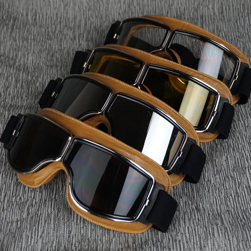 

VCOROS Sports Vintage Aviator Pilot Motorcycle Cruiser Scooter Goggles Silver Lens Yellow leather Padding helmet