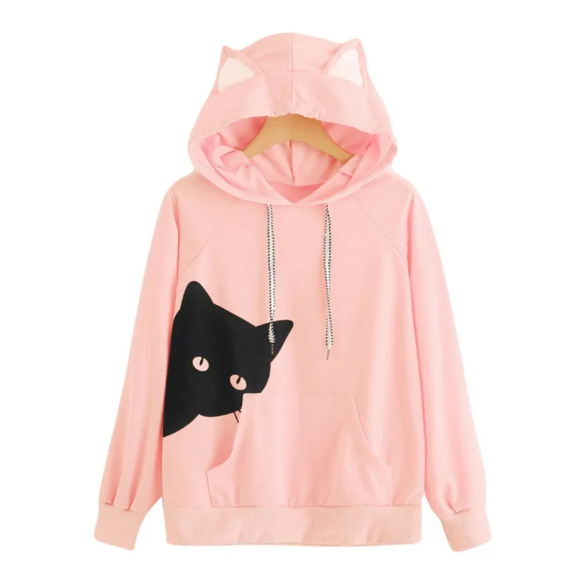 

Harajuku Women Hoodies Sweatshirt Kawaii Pink Winter Cat Pattern Long Sleeve Moletom Hooded Sweatshirts #F#40SP20