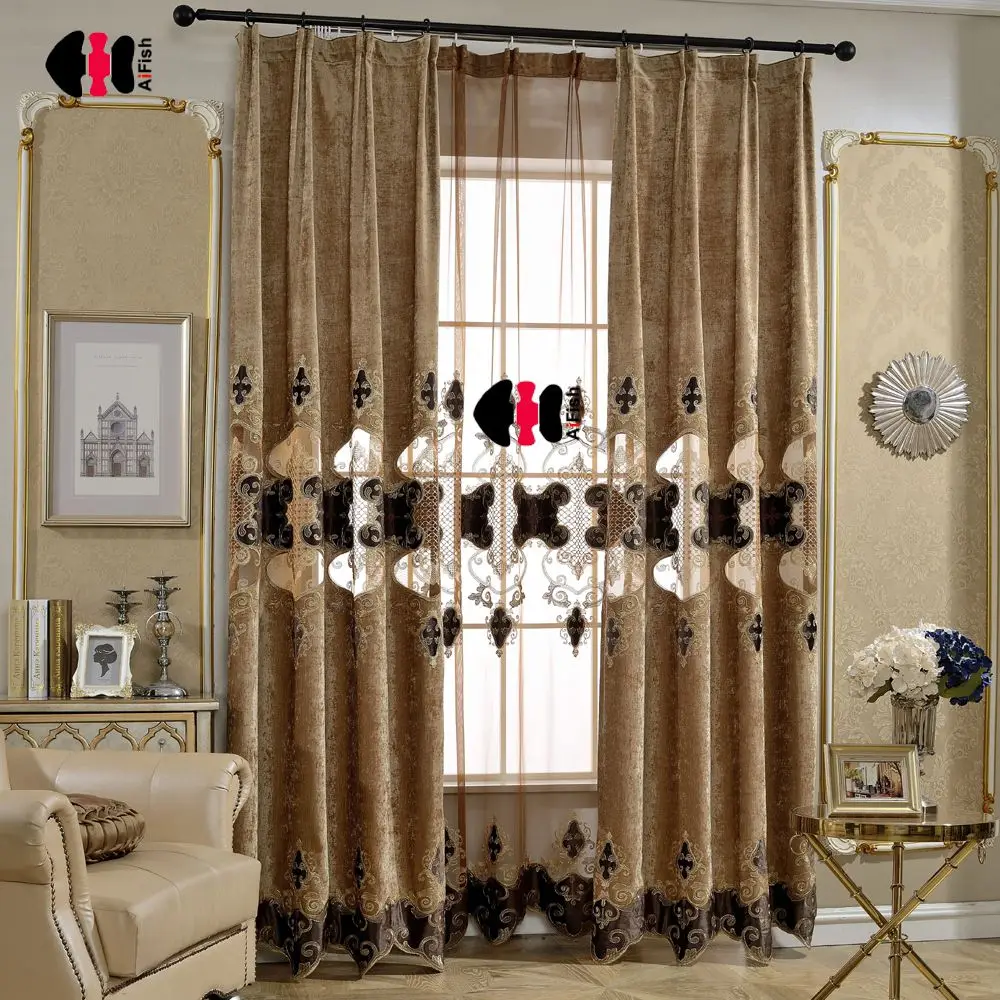 

European Luxury Embroidered Chenille Velvet hollowed Curtains Tulle Villa Livingroom Bedroom Nursery Salon WP082C