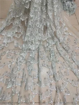 

Silver color glued glitter tulle mesh fabric BZL-91103 glued glitter sequins lace fabric with beads for party dress