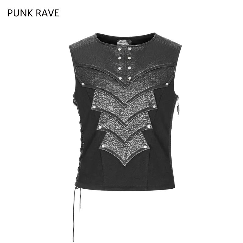Панк Rave Rock Черный Повседневный стимпанк винтажный Готический жилет из искусственной кожи для защиты груди Мужская футболка WY931