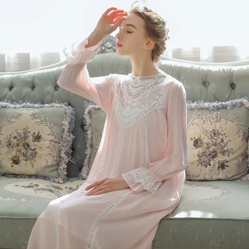 

2019 Spring Summer Sleepwear Women Nightgowns Long Nightdress White Pink Blue Purple Lace Long Sleeve Cotton Robe Dress Ladies