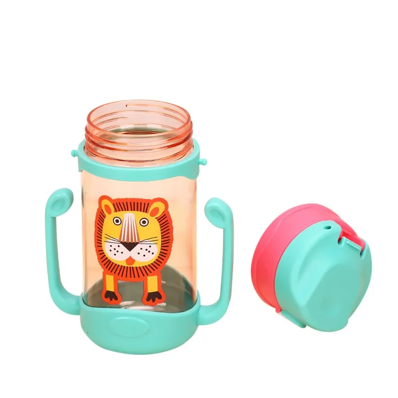 

400ml Cartoon Lion Infant Sippy Cups Baby Learning Water Bottle Handle Strap Children's Water Cups Straw Cups Bouncing Kettle