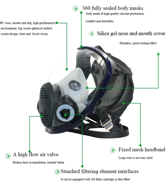 6800 Full Face Gas Mask 7 Piece Set Dust Mask Air Circulator Anti-fog Chemicals Respirators for painting/Pesticide/Laboratory