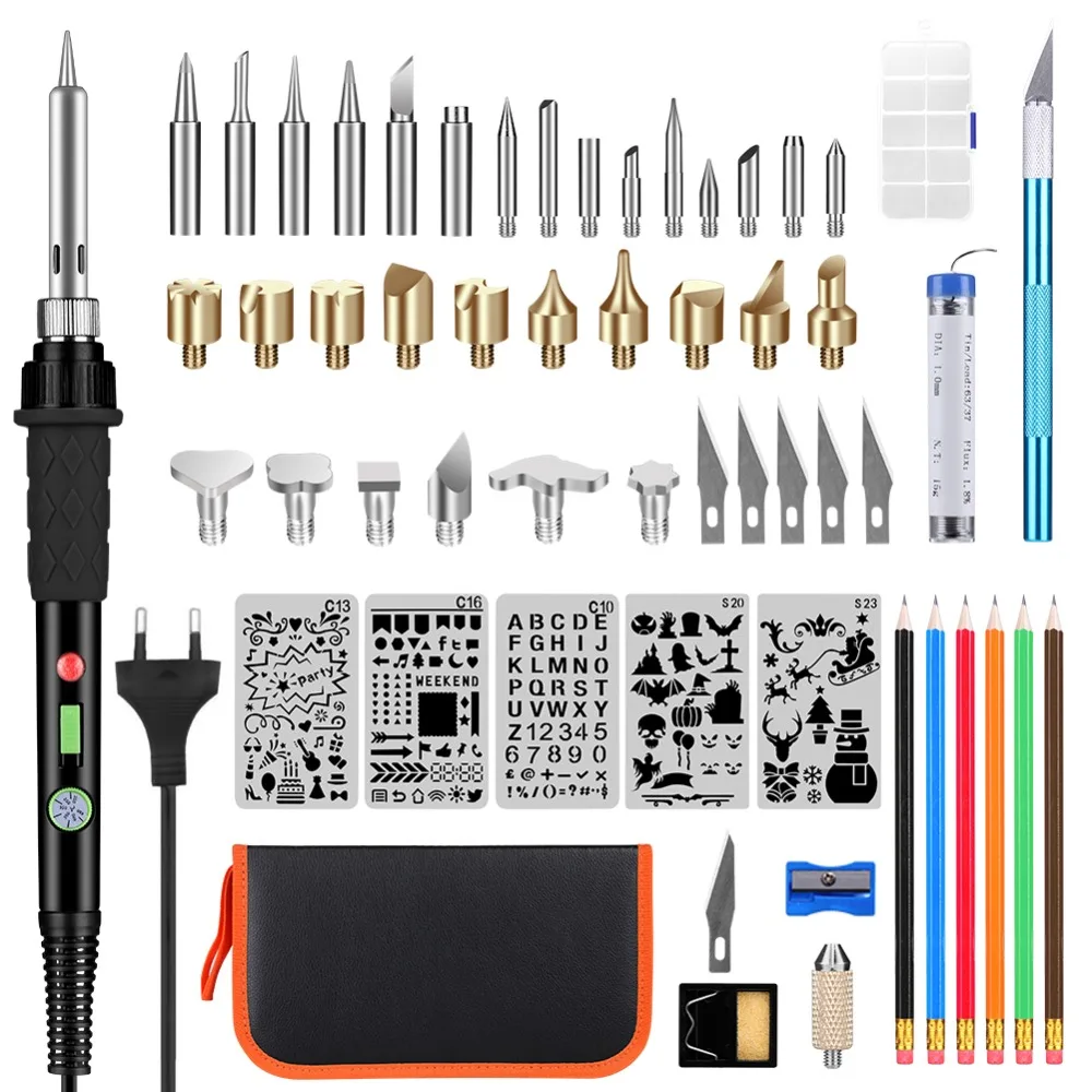 

EU 60W Wood Burning Kit Carving Pyrography Pen Kit Adjustable Temperature Soldering Iron kit Welding Wood Embossing Burning set