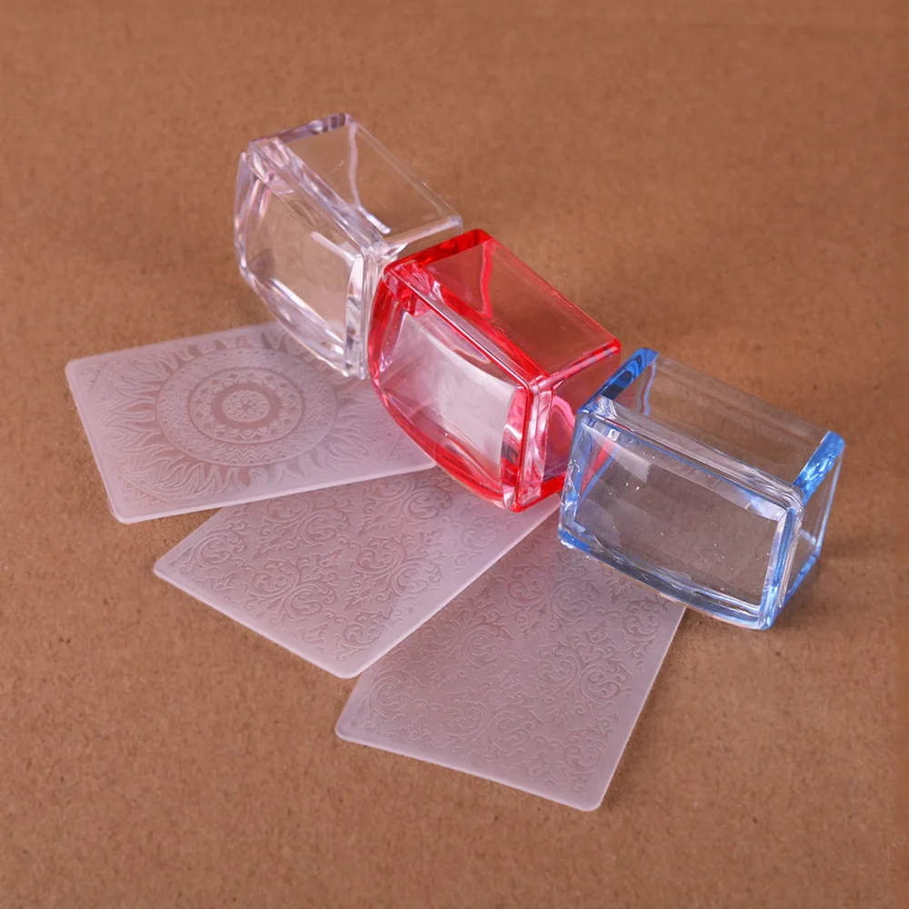 

1pc Rectangle Jelly Silicone Nail Stamper with Scraper Red Blue Clear Handle Stamping Plate Tool Manicure Nail Art Stamper Kit