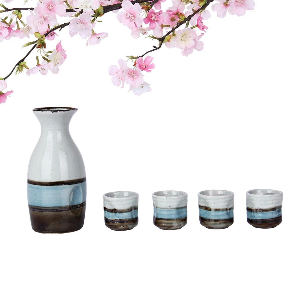 Ankoow 4 Sake Cups + 1 Sake Pot Handmade Ceramics Porcelain Sake Set