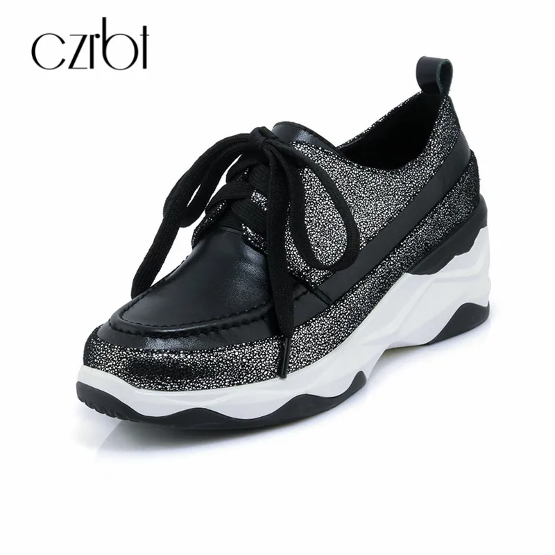 

CZRBT Spring Autumn Brand New Genuine Leather Women Flatform Shoes 7cm Casual Lace-Up Women Flats Shoes Round Toe Women Shoes