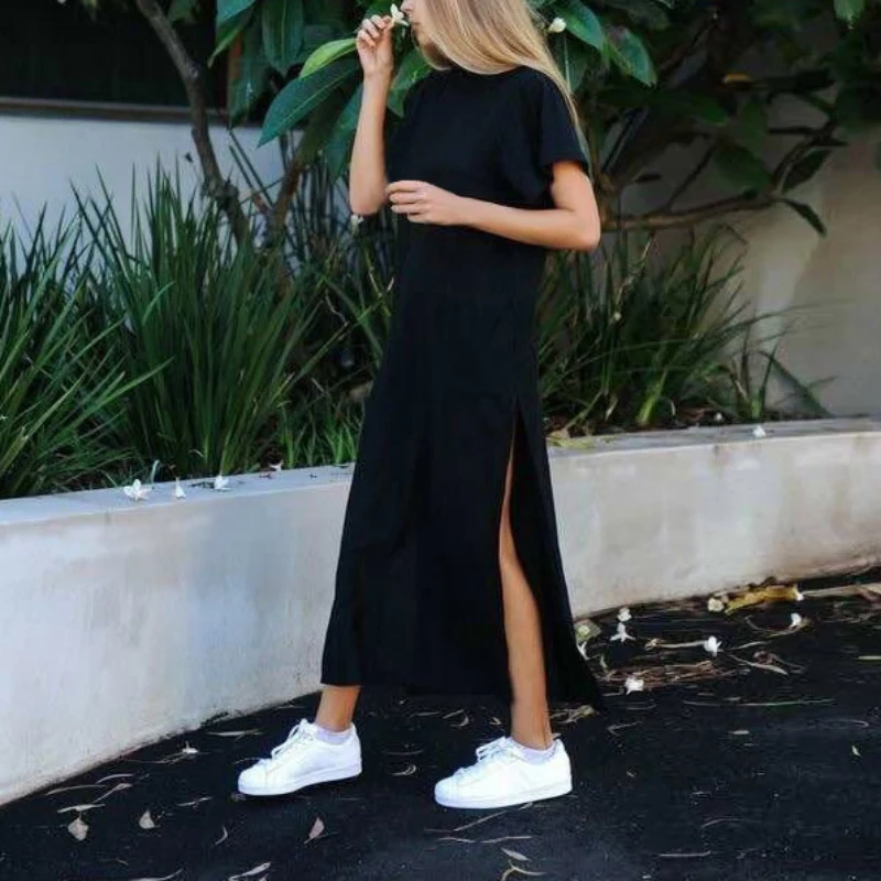 

Summer Women Short Sleeve O Neck Casual Slit Hem Solid Party Beach Maxi Long Dress Brief Black Vestido Plus Size