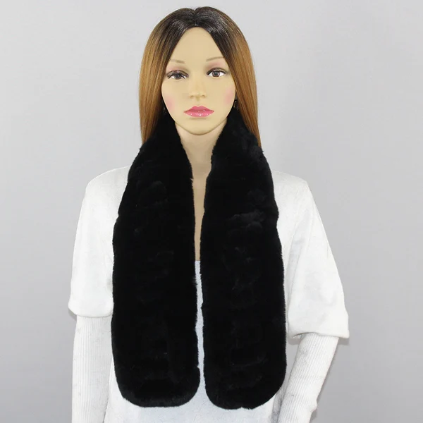 Women Genuine Rex Rabbit Fur Scarves Winter Warm 100%natural rabbit Fur scarf Fashion Females Real Fur Neckerchiefs - Color: black