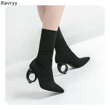 

Elastic Knitting Woolen Woman Black Ankle Boots rounded fretwork heels Fashion Autumn winter Short Boot Pointed Toe Female Shoes