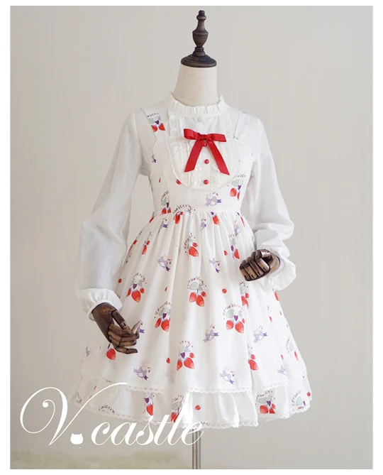 

Kawaii Girls Strawberry Cat Summer Neko Printing Dress Red Bow Back Cross Tie Cute JSK Lolita Dress