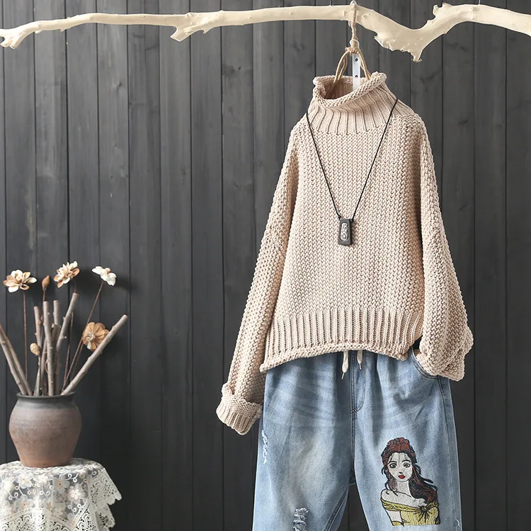 

Turtleneck Sweater Women 2019 Female Autumn Winter Outerwear loose Knitted Sweaters Pullovers Femme Thick
